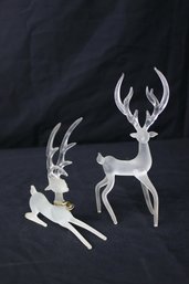 Two Satin Glass Reindeer Figurines - One Sitting And One Prancing