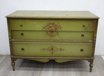 Vintage Hand-Painted Green Dresser With Floral Accents