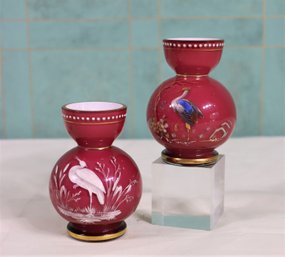 Pair Of Antique Cranberry Cased Glass Enamel Decorated Vases