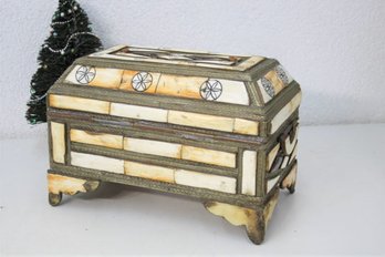 Small Moroccan Faux Bone, Wood, And Brass Jewelry Chest