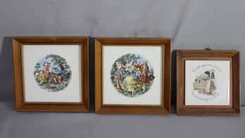 Vintage Pair Of Watteau Porcelain Tile Plaques & 1 Holly Hobbie Decorative Tile