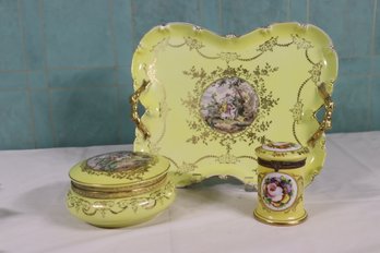 Vintage Porcelain Vanity Set - Tray, Round Powder Box, Lidded Jar -  Hand Painted Pastoral Scenes