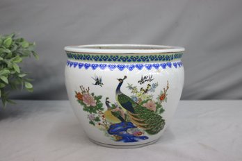 Vintage Chinese Porcelain Polychrome Peacock Fish Bowl Planter