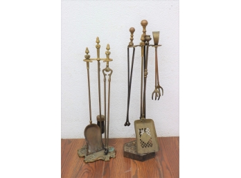 Two Sets Of Brass Fireplace Tools With Stands