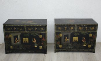 Pair Of Black Lacquer Chinese Cabinets With Traditional Decoration