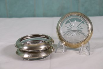 Set Of 3 Vintage Sterling Silver Rim & Glass Starburst Coasters