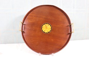 Vintage WSPC Mahogany And Maple Inlay Round Tray With Glass Insert And Brass Handles