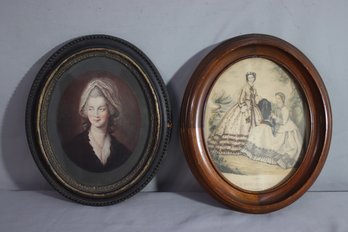 Two Excellent Vintage Wood Frames With A Vintage Oval Print And A Portrait