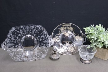 Group Lot Of Etched And Appliqued Glass Serves, Bowl, And Overlaid Fragrance Bottle