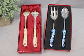 2 Sets Of Salad Servers With Ornately Decorated Handles By Royal Albert In Original Boxes