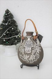Israeli Studio Pottery Raku Hanging Flagon With Sterling Silver Overlay, Marked 925