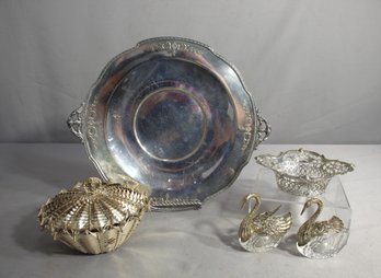 Silver Plated Decorative Ensemble: Tray, Bowl, And Swan Figurines