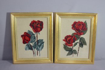 Pair Of Vintage Red Red Roses Cross-Stitches, Framed