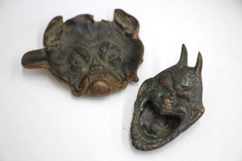 Vintage Cast Iron Bulldog  Head & Devil Head Bronze Astray Incense Burner