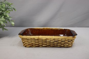 Vintage Anchor Hocking Amber Glass Baker In Woven Presentation Basket