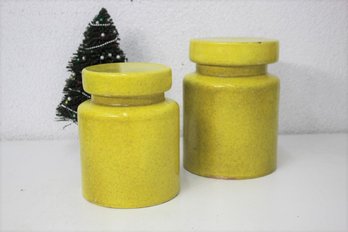 Two Vintage Italian Yellow-speckled Stoneware Canisters -2 Sizes - Bottom Marked T731
