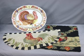 Large Oval Turkey Serving Platter And 2 Chicken/Rooster Accent Rugs