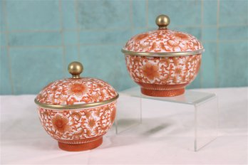 A Pair Of Hand-Painted Chinese Gilt Edge Iron Red Glaze Porcelain Tea Bowls With Mark