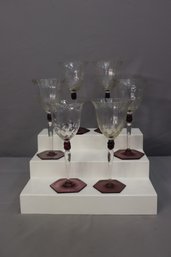Set Of 6 Hexagon Violet Twist Stem Textured Glass Wine Goblets