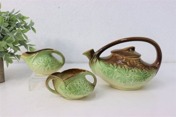 Vintage McCoy Pottery Green Daisy (with Brown) Teapot With Creamer And Sugar Set