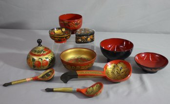 Khokhloma Bowls, Spoons, Russian Folk Art, Hand Painted Wooden