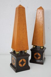 Pair Of Neoclassical Brown And Caramel Obelisks With Brass Orb Mounts