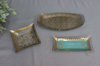 Georges Briard Gold Floral Glass Tray  & Turquoise Cheese Tray & Rosettes Pattern Gold Flashed Tray
