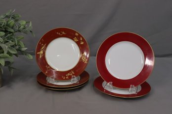 Five Dinner Plates - 2 Maroon Red Band And 3 Gold Flower Maroon Red Band