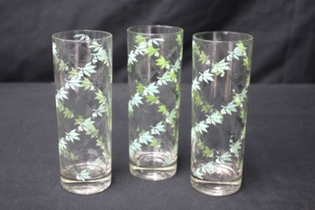 Set Of Three Vintage Ice Tea  Glass Tumblers With Ivy Leaf Design