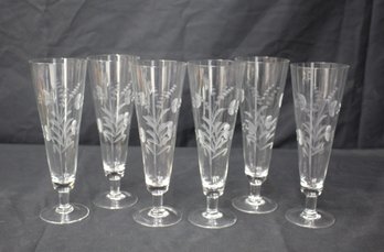 Set Of Six Elegant Etched Glass Champagne Flutes