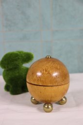 Vintage Fruitwood Sphere Form Tea Caddy With Three Brass Ball Feet