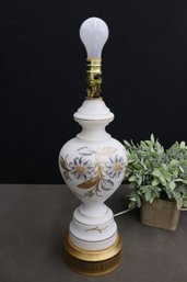 Graphite And Gold Low Relief Floral Painted Milk Glass Vase Lamp