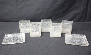 Set Of Five Vintage Frosted Glass Candle Holders With Matching Trays