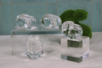 Group Of 4 Crystal Figurines: 2 Rabbit Bunnies,  1 Steuben Lloyd Atkins Ram, 1 Sitting Bear