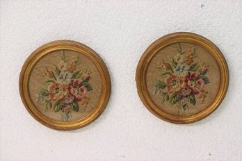 Two Vintage Round Speckled Wood Frames Holding Floral Needlepoint Embroideries