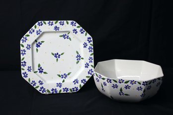 Casa Fina Portugal Plate 12 And Bowl 5.5'h X 10'w - White With Blue Flower Accents And Yellow Dots