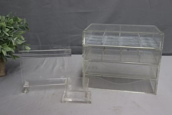 Group Lot Of Clear Acrylic Vanity/Dresser And Desk Organizers