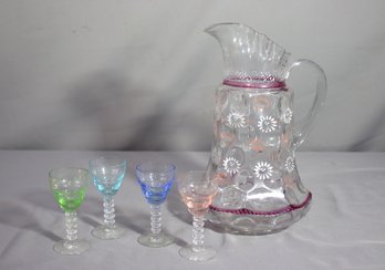 Vintage Hand Enameled Thumbprint Glass Pitcher And Color Art Shot Glass