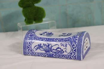 Chinese Blue & White Porcelain Pillow, Maker Stamped On Bottom