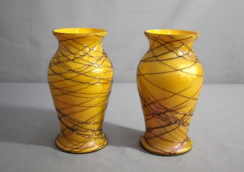 Pair Of Art Nouveau Iridescent Yellow Vases