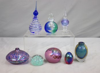 Group Lot Of 8 Art Glass Items. Perfume Bottles, Paper Weights And More.