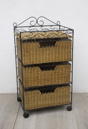 Bent Wrought Iron And Woven Rattan 3-drawer Rolling Storage Cabinet