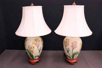Pair Of  Porcelain Ginger Jar Lamps W/ Shades, Tropical Flowers, Artist Pamela Shirley-signed & Numbered