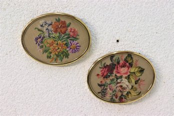 Two Vintage Framed Needlepoint Embroidery Flower Bunch Ovals