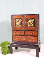 Wooden Chinoiserie Table Top Cabinet On Stand Red Lacquer & Hand Painted Pastoral Scene