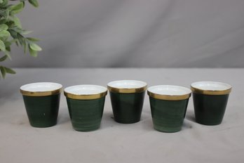 Group Lot Of 5 Green With Gold Band Sake Cups/Custard Cups/mini Souffl Ramekins