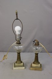 A Pair Of Antique Brass, Glass, And Marble Lamps