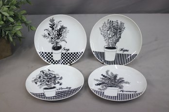 Set Of 4 Vintage Fitz & Floyd Black On White Parsley, Sage, Rosemary, & Thyme 7.5' Plates