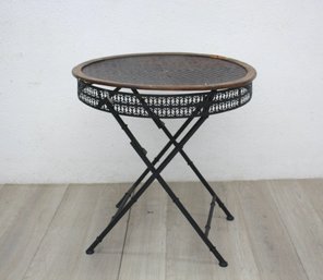 Folding Wicker And Tessellated Metal Round Side Table