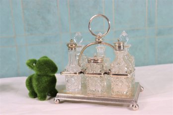 Vintage 7 Piece Crystal Cruet Set & Silver Plated Ring Handle Caddy